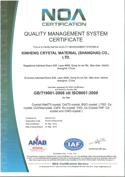 China Kinheng Crystal Material (Shanghai) Co., Ltd. Zertifizierungen